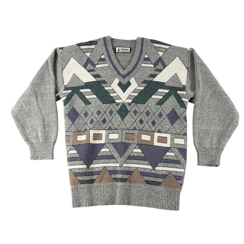 Vintage‎ Gelifan France Sweater Mens S Gray V Neck Long Sleeve Knit Geometric